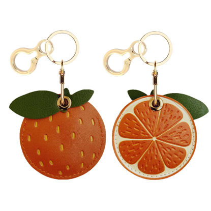 Picture of BORKUANA Leather Keychain Holder Case Compatible with Apple AirTag, Cute Protective Air Tag Cover with Keychain Ring, Anti-Scratch Finder GPS Tracker Case for Wallet Keys(Orange-B)