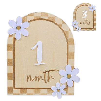 Picture of Baby Monthly Milestone, Wooden Baby Milestone Signs, Monthly Milestone Wood Discs, Baby Milestone Discs, Baby Photo Props Cards Interchangeable Number Set of 12 for Baby Growth Recording (Caro Card)
