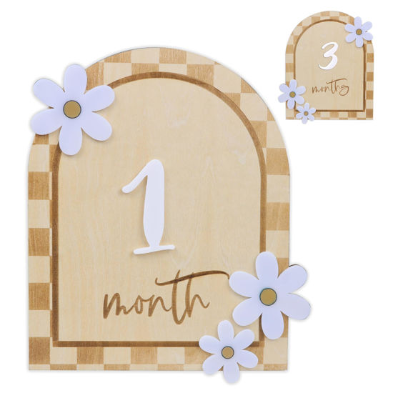 Picture of Baby Monthly Milestone, Wooden Baby Milestone Signs, Monthly Milestone Wood Discs, Baby Milestone Discs, Baby Photo Props Cards Interchangeable Number Set of 12 for Baby Growth Recording (Caro Card)