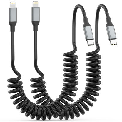 Picture of Coiled USB C to Lightning Cable 2 Pack, [MFi Certified] Retractable USB C iPhone Charger PD Fast Charging for Car, Short Type C to Apple CarPlay Cord for iPhone 14 13 12 11 Pro Max XR XS 8 SE iPad