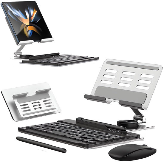 Picture of voppton for Samsung Galaxy Z Fold 6 5 4 Stand and Keyboard Mouse, Portable Mini Bluetooth-Compatible Keyboard, Foldable Adjustable Tablet Stand Holder for Desk, with Wireless Mouse & Pen