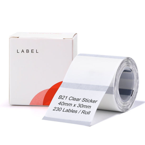 Picture of NIIMBOT B1 Label Tape B21 Transparent Labeling Tape 1.57" X 1.18" (40x30mm) Thermal Label Print Paper NIIMBOT Labels for Barcode/Address/Mailing/Logo/Business/Home Tag, 230 Labels/Roll, Clear
