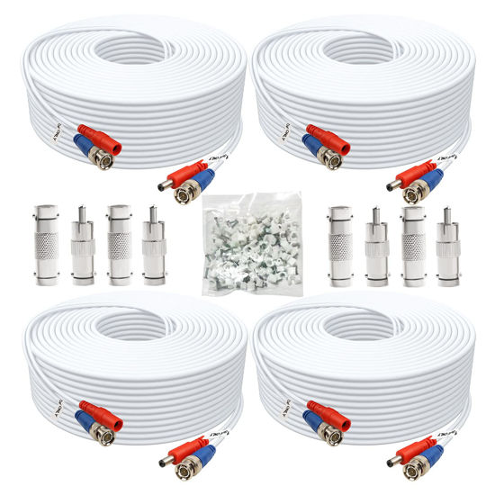 Picture of Aimyzii BNC Cable 100ft 4 Pack BNC Video Power Cable,Security Camera Cable for CCTV Camera DVR Security Systems(Included 8X BNC Adapters,100 Pcs Cable Clips)-White
