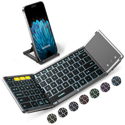Picture of Samsers Foldable Bluetooth Keyboard with Touchpad, Full-Size Wireless Folding Keyboard with Backlight, Portable Travel Keyboard for iOS Android Windows Mac OS, Support 3 Device(BT5.1 x 3), Gray