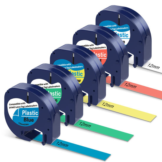 Picture of 5-Pack Tape Compatible with DYMO Letratag Refills Replacement for DYMO Label Maker Refills 91331 91332 91333 91334 91335 Color Plastic Label Tape for LetraTag LT100H LT100T QX50 Label Maker, 1/2 Inch
