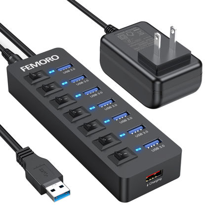 Picture of Powered USB Hub 3.0, 5Gbps Data Transfer 7 Ports and 12W Charging-only 1 Port with 5V/3A Power Adapter 4Ft Long Cable & Individual LED Switches for Laptop PC Flash Drive SSD HDD Keyboard Mouse...