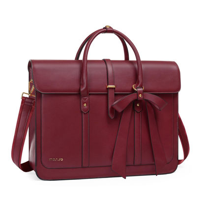 Picture of MOSISO Laptop Bag for Women, 15-15.6 inch PU Leather Laptop Shoulder Bag Convertible Backpack, 16 inch Messenger Bag Casual Handbag Work Briefcase Travel Computer Bag with Bowknot, Wine Red