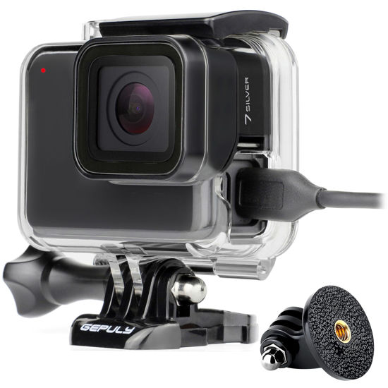 Picture of GEPULY USB Pass Through Side Open Protective Skeleton Housing Case for Hero 7 Silver/Hero 7 White Action Camera- Includes Quick Release Buckle, Thumb Screw, Tripod Mount Adapter