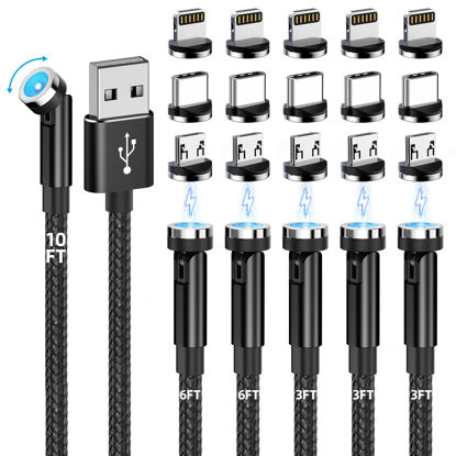 Picture of Magnetic Charging Cable, 540° Rotating Magnetic Phone Charger [6-Pack, 3ft/3ft/3ft/6ft/6ft/10ft] 3 in 1 Magnetic Charger Cable Nylon Braided Magnetic USB Cable for iProduct/Micro USB/Type C Device