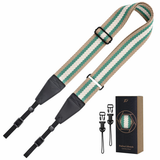 Picture of Padwa Lifestyle Adjustable Stripes Camera Strap - 2" Wide Top Layer Cowhide Head Camera Straps for Photographers, Adjustable Soft Cotton Rope Weave Neck & Crossbody Strap Quick Release for All Cameras