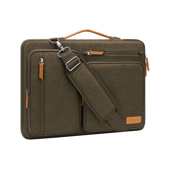 Picture of MOSISO 360 Protective Laptop Shoulder Bag,14 inch Computer Bag Compatible with MacBook Air 15 inch M3 A3114 M2 A2941/Pro A1990 A1707,Side Open Messenger Bag with 4 Zipper Pockets&Handle, Carob Brown