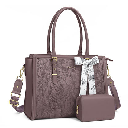 Picture of MOSISO Laptop Bag for Women, 15.6-16 inch PU Leather Tote Bag Compatible with MacBook, HP, Dell, Asus Notebook, Front Embossed Retro Hibiscus Computer Bag with Silk Scarf&Clutch Purse, Slate Purple