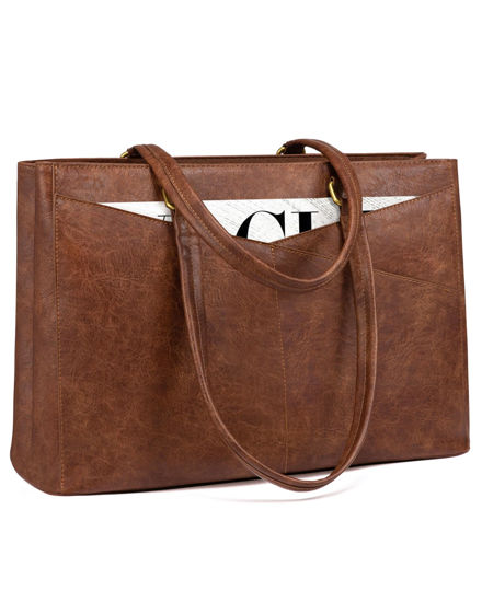 Picture of LOVEVOOK Laptop Bag for Women,17.3 Inch Laptop Tote Bag for Women,Vintage Leather Work Tote Bags Computer Teacher Bag,Waterproof Business Bag Office Briefcase