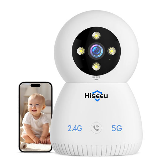 Picture of Hiseeu Indoor Security Camera, 2.4G/5G 5MP Pet Camera Baby Monitor, PTZ 360°, Auto Tracking, 2 Way Audio, Night Vision, PIR Detection, No Monthly Fee