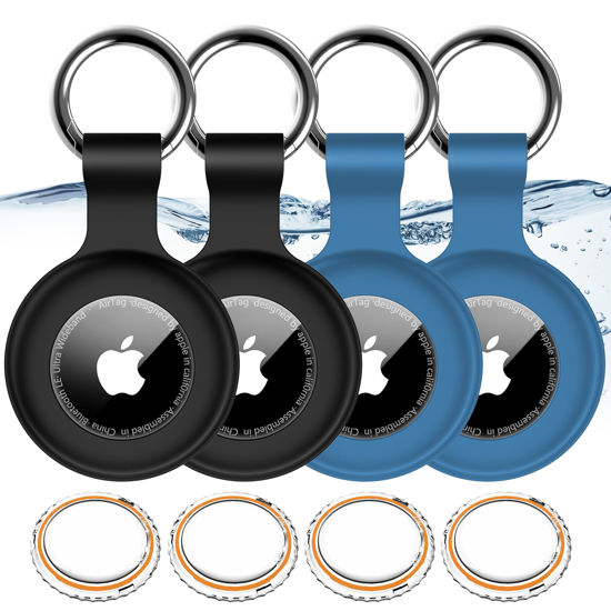 Picture of 4 Pack,IPX8 Waterproof Airtag Holder for Apple Air Tags with Air Tag Keychain,Shockproof GPS Cover [Anti-Scratch] [PC+Silicone] Air-Tag Item Finders Case for Pets,Kids,Keys,Luggages-Black/Blue