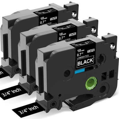 Picture of Label KINGDOM TZe-345 18mm White on Black Replacement for Brother TZe345 TZe Tz Tape 18mm 0.7 Laminated Black Label Tape 3/4" Compatible with Brother P Touch PT-D400 PT-D410 PT-D600, 3-Pack