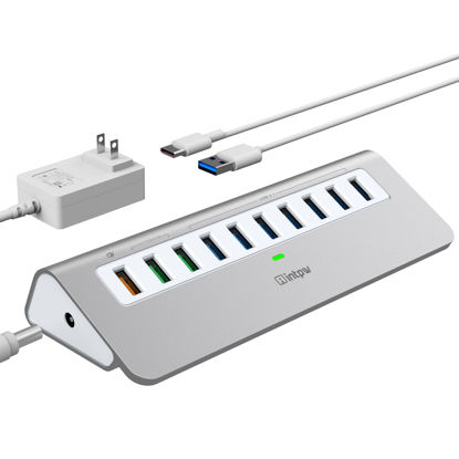 Picture of Powered USB Hub 10Gbps, 10 Port USB 3.1 Gen 2 Hub with 7 USB 3.1 Data Ports, 3 Fast Charging Ports, 36W Power Adapter, Type A and Type C Cable, Aluminum USB Data Hub for Mac, PC, Laptop