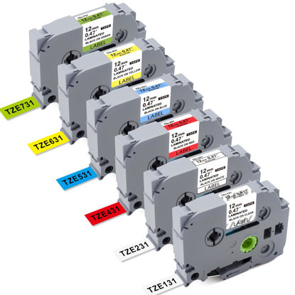Picture of PTD210 Tape TZe131 TZe231 TZe431 TZe531 TZe631 TZe731 P Touch Label Tape 12mm 0.47 Laminated Tape Compatible P-Touch PTH110 PTH100 PTD210 PTD200 PTD400AD PTD600 Label Maker (6 Pack Combo Set)