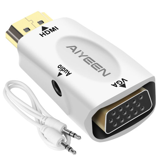 Picture of AIYEEN HDMI to VGA Adapter, 1080p HDMI Male to VGA Female Adapter with 3.5mm Audio Jack Cable Compatible with Monitor, Laptop,Computer, Projector, HDTV, Chromebook and More (White)