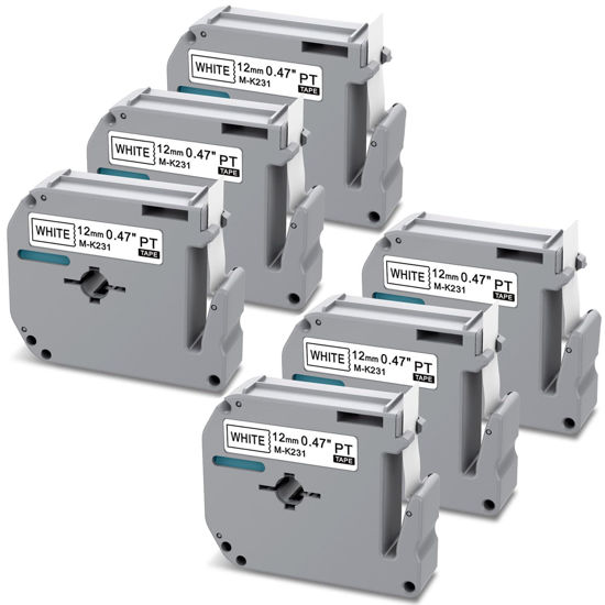 Picture of 6 X Compatible with M-K231s Brother Label Tape 12mm 0.47, Replacement for Brother P Touch M Tape M-K231 MK231 Label Maker Refills Black on White for Brother Ptouch PT-M95 PT-70BM PT65 PT-90 PT-85 45
