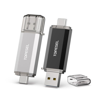 Picture of TOPESEL Type C 2 Pack 128GB USB C Flash Drive Dual 2-in-1 USB C Thumb Drive USB 3.0/3.1 Gen1 USB C Drive 128 GB USB-C Memory Stick with LED Indicator for Easy Data Sharing Between PC and Smartphones