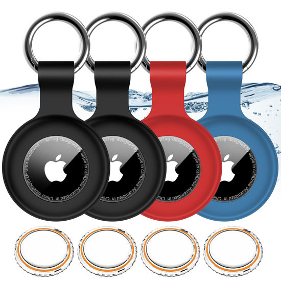 Picture of 4 Pack,IPX8 Waterproof Airtag Holder for Apple Air Tags with Air Tag Keychain,Shockproof GPS Cases [Anti-Scratch] [PC+Silicone] Air-Tag Item Finders Cover,Lovely Air Tags Cover,Black/Black/Red/Blue