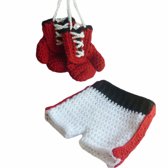 Picture of Newborn Photography Prop Infant Baby Boxing Gloves Pant Crochet Costume Knitted Shoot Outfits Knitted for 6-12 Months Baby Boy