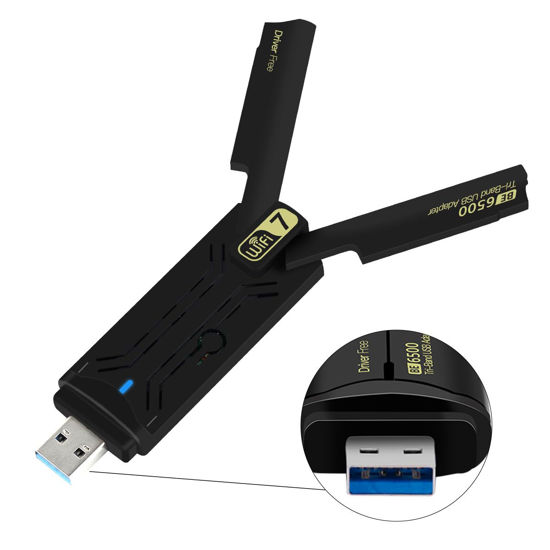 Picture of Gaming WiFi 7 USB 3.0 Card Driver Free with 8912AU Chipset(BE6500) USB Wireless Adapter Tri-Band High Speed Network Card for Desktop & Laptop, 802.11ac/ax/be Compatible, Plug & Play for Windows 11/10