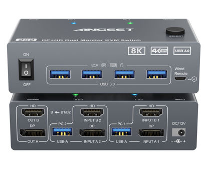 Picture of KVM Switch 2 Monitors 2 Computers 8K@60Hz, 4K@144Hz, ANGEET HDMI and Displayport Dual Monitor KVM Switch with 4 USB 3.0 Port for Keyboard Mouse Printer, with Wired Remote, Power Adapter and USB Cable