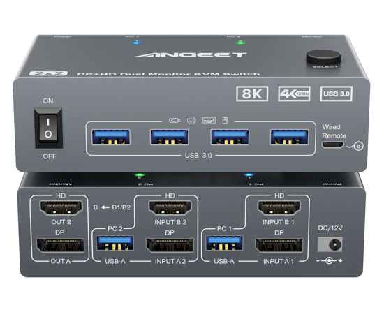 Picture of KVM Switch 2 Monitors 2 Computers 8K@60Hz, 4K@144Hz, ANGEET HDMI and Displayport Dual Monitor KVM Switch with 4 USB 3.0 Port for Keyboard Mouse Printer, with Wired Remote, Power Adapter and USB Cable
