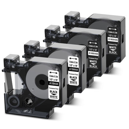 Picture of Rhino 4200 5000 5200 6000 3000 Label Tape Replacement for Dymo 18444 1805435 Permanent Vinyl Rhino Work with Industrial Label Maker Tape S0718600 Rhinopro Refills, 1/2"X18', 12mm x 5.5m, 4 Cartridges