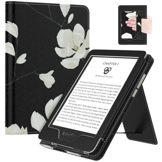 Picture of MoKo Case Fits All-New 6" Kindle (11th Generation, 2022 Release)/ Kindle (11th Gen,2019)/Kindle (8th Gen, 2016), Ultra Lightweight PU Shell Cover with Auto Wake/Sleep, Black & White Magnolia