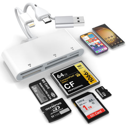 Picture of 5-in-3 Memory Card Reader, Lightnin-Type C-USB A Three Connector to SD/TF/CF/Micro SD/XD/MS USB OTG Adapter, Multi Memory Card Reader for iPad/iPhone/Android/MacBook/PC with Mac/Windows/Linux/Android