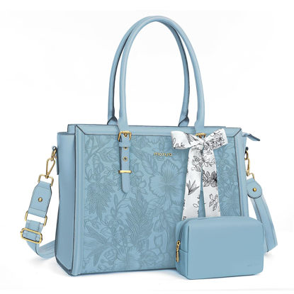 Picture of MOSISO Laptop Tote Bag for Women, 17-17.3 inch PU Leather Compatible with MacBook, HP, Dell, Asus Notebook, Front Embossed Retro Hibiscus Computer Bag with Silk Scarf & Clutch Purse, Air Blue
