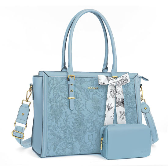 Picture of MOSISO Laptop Tote Bag for Women, 17-17.3 inch PU Leather Compatible with MacBook, HP, Dell, Asus Notebook, Front Embossed Retro Hibiscus Computer Bag with Silk Scarf & Clutch Purse, Air Blue