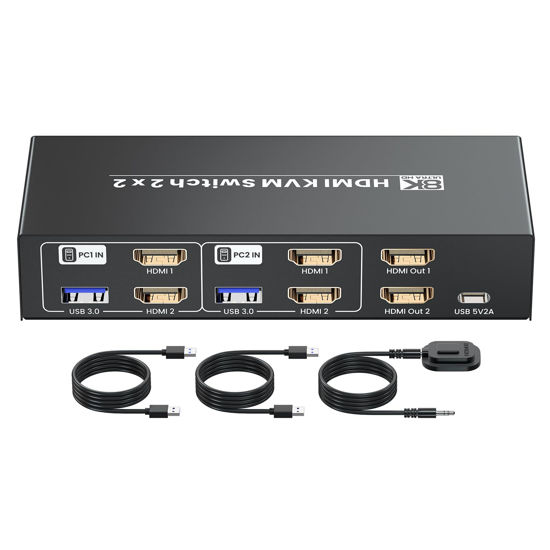 Picture of 8K60Hz HDMI KVM Switch 2 Monitors 2 Computers, 4K120Hz USB 3.0 Dual Monitor HDMI KVM Switcher 2 in 2 Out for 2 PC Share Two Monitors and Keyboard Mouse Printers and More