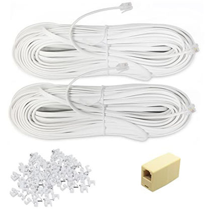 Picture of 2PACK 100Ft Phone Extension Cord Male to Male Telephone Flat Cord with Standard RJ11 6P4C Plug and 2 in-Line Coupler 100PCS Cable Clamp Holders