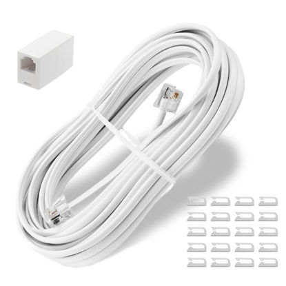 Picture of Uvital 25 Feet Phone Line Cord, RJ11 Phone Cable, Landline Telephone Wire with Phone Coupler and 20pcs Cable Clips, for Modem, Fax Machine - White