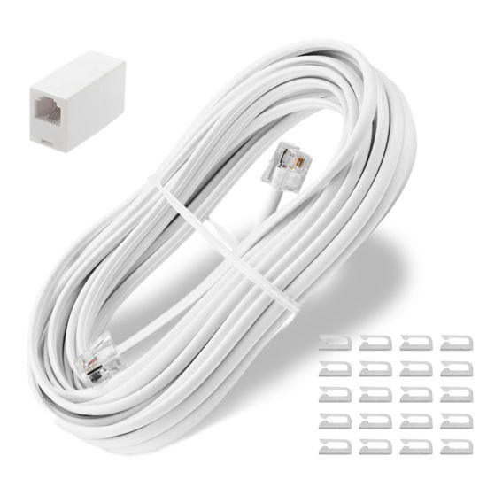 Picture of Uvital 25 Feet Phone Line Cord, RJ11 Phone Cable, Landline Telephone Wire with Phone Coupler and 20pcs Cable Clips, for Modem, Fax Machine - White
