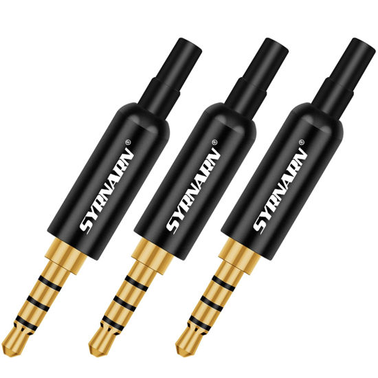Picture of SYRNARN 3.5mm Replacement Repair Jack Plug 3.5 TRRS Stereo Male 4 Pole 1/8" 3.5 Solder Type DIY Audio Cable Connector for Headphone Headset Earphone Microphone Wires Repair (3-Pack Black Black Tail)