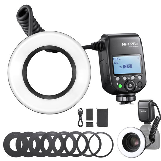 Picture of GODOX Macro Ring Flash for Canon MF-R76C TTL/M Mode CCT 5900K 76Ws 2.4G Wireless Control 550 Full-Power Flashes 0.1-1s Recycle Time Dual-Flash Tubes with LCD Screen for Inscet Plant Jewelry Shooting