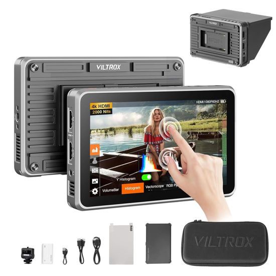 Picture of Viltrox DC-X2 6 Inch Portable FHD Camera Field Monitor, 2000nit Touch Screen with Sunshade Hood, 3D LUT, Waveform, Vector Scope, 4K HDMI DSLR Video External Monitor, DC/USB-C/NP-F Battery Power Supply