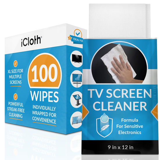 Picture of iCloth LCD Screen Cleaner - All-in-One TV Screen Cleaner Wipes - Streak-Free Cleaning for Your Flat Screen TV, Touch TV Screen, Computer Monitor and Electronics - 100 XL Wipes, 9” x 12” Each