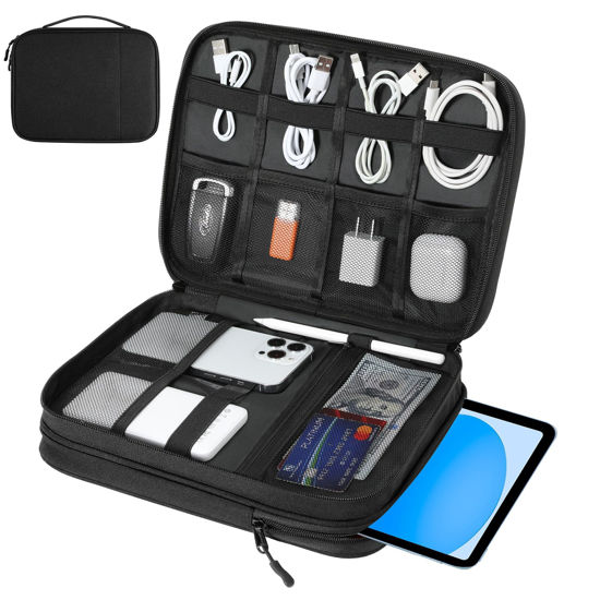 Picture of Dadanism Electronics Organizer Travel Case, Double Layers Cord Organizer Travel for Cable,Cord,iPhone,iPad,Chargers, Travel Electronic Organizer for 9-11'' Tablets, Portable Cable Organizer Bag, Black