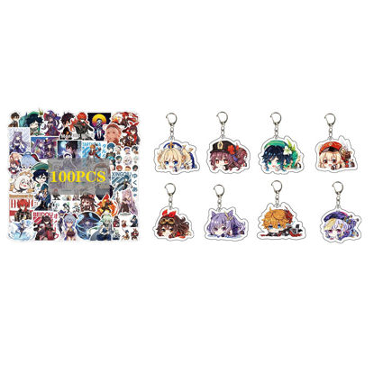 Picture of Genshin Impact Merch Gift Set -100pcs Genshin Impact Stickers + 8pcs Genshin Impact Novelty Cute Acrylic Keychain