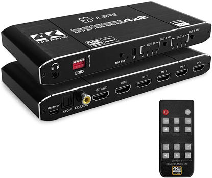 Picture of ULBRE HDMI Matrix Switch Splitter 4X2 with EDID Extractor and Remote Control, Support 4K HDR, HDMI 2.0b, HDCP 2.2 4K@60Hz, 3D, 1080P ARC SPDIF 5.1CH Audio Extractor