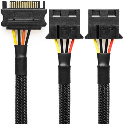 Picture of CRJ 15-Pin SATA to Dual 4-Pin Molex Power Adapter Cable - 12-inch (30cm), Black Sleeved - Power Two 4-Pin Peripheral Molex Devices with a 15-Pin SATA Power Supply Connection