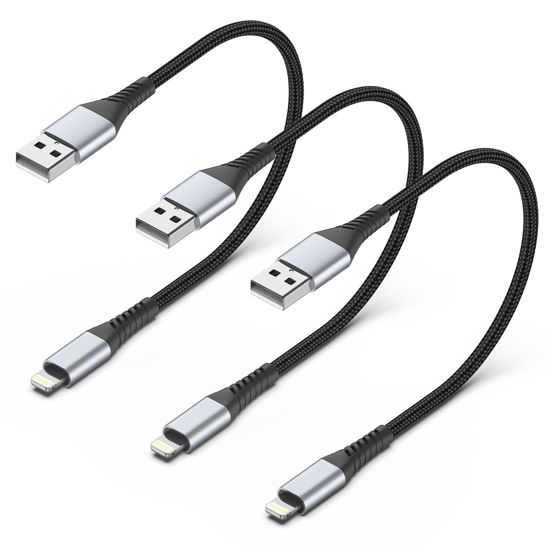 Picture of 1FT Short iPhone Charging Cable, 3 Pack USB to Lightning Cable 1 Foot iPhone Charger Cord Fast Charging Braided for Apple iPhone 14 13 12 11 Pro Max Mini 10 8 7 Plus XR XS MAX SE iPad Air Mini (Black)