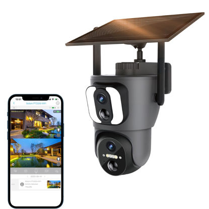Picture of SOLIOM PTD200 Dual Lens Solar Security Camera, 2K Wireless Outdoor Camera,360° Pan & Tilt Surveillance with Full Color Night Vision,14400mAh Battery and 6W Solar Panel, 2.4 GHz Wi-Fi