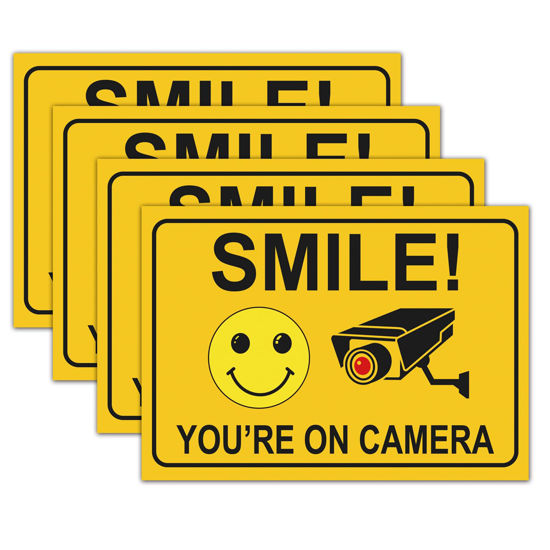 Picture of 4 Smile You're on Camera Stickers for Home, 10 X 7 Inch Self-Adhesive Vinyl Decal, Video Surveillance Signs Outdoor, Security Camera Signs for Business, Driveway Alert, and CCTV.